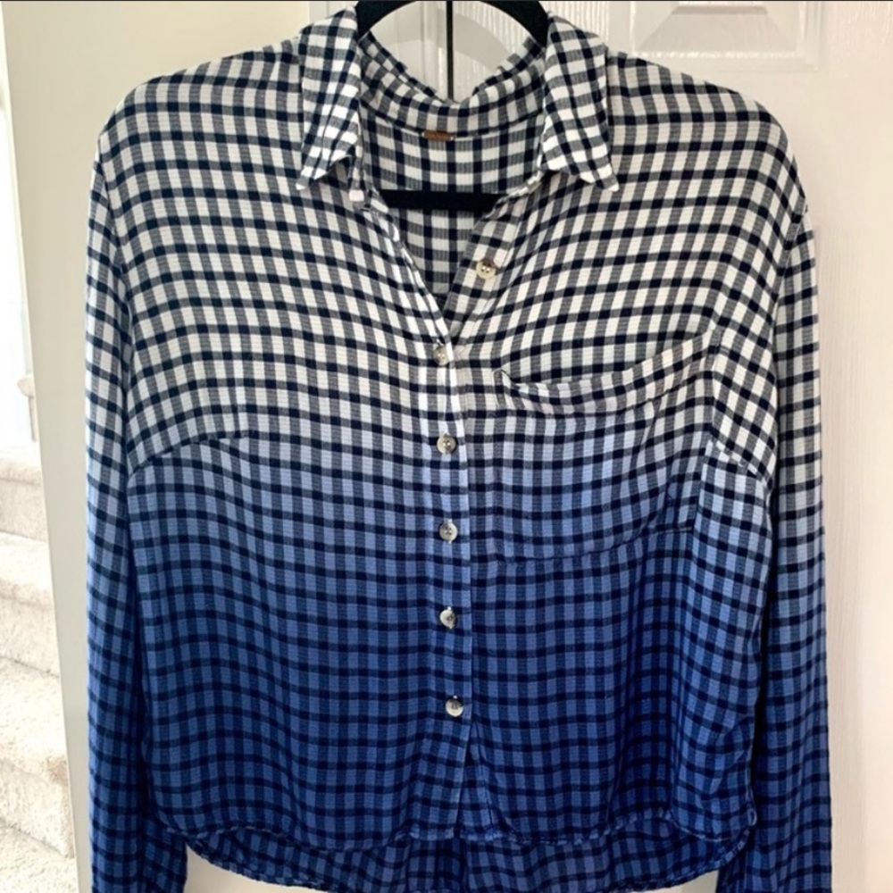Free People Ombre Blue Gingham Check Plaid Cropped Top button down